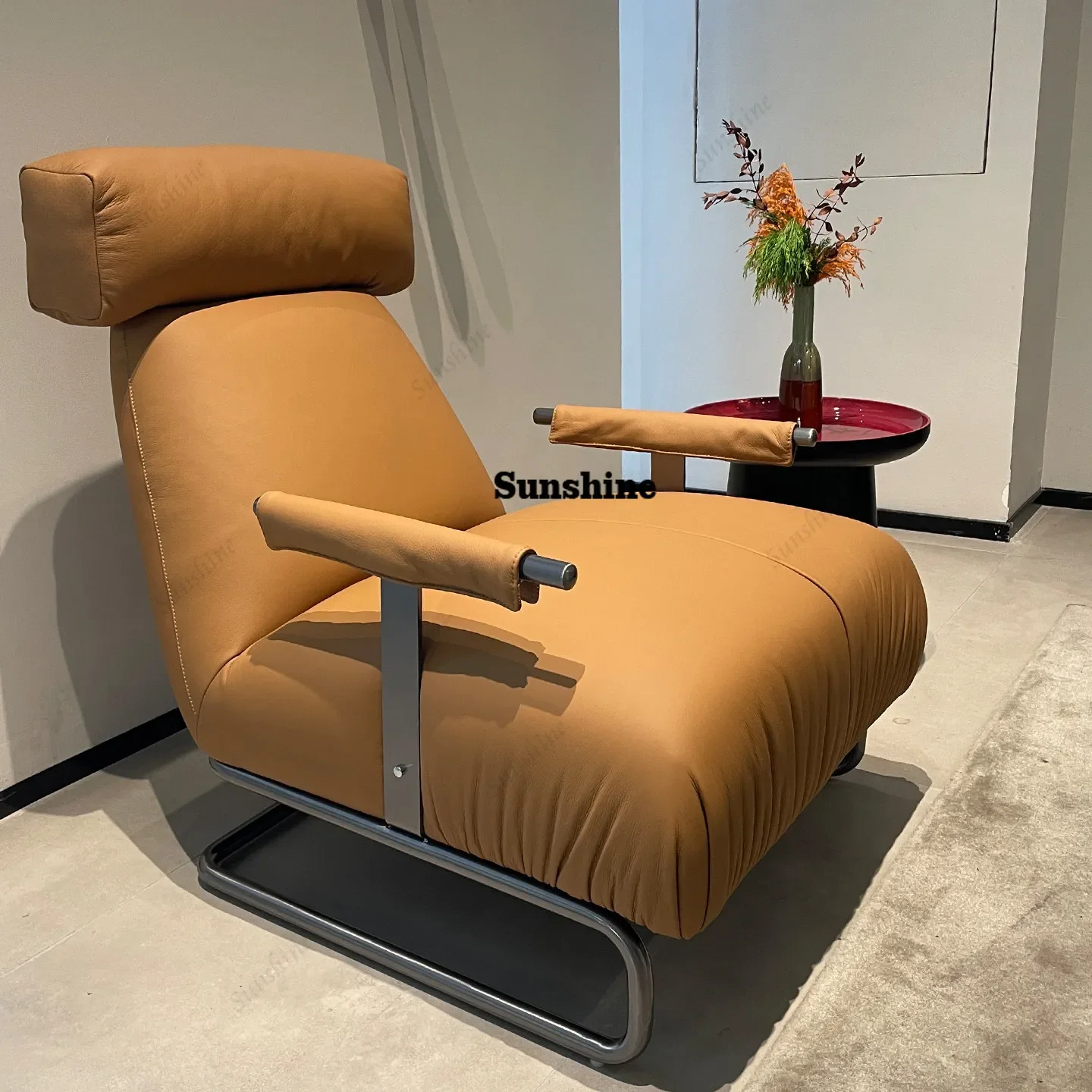 

Italian minimalist leather sofa chair modern simple living room balcony leisure chair FT