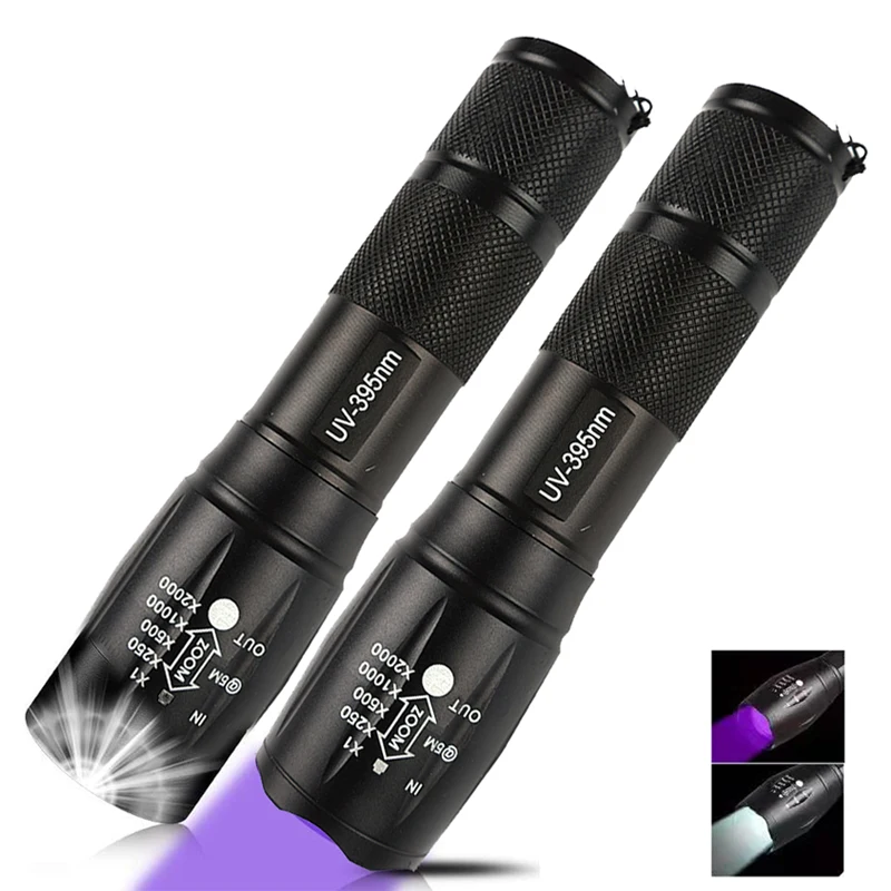 White/Purple Lamp Double Lamp Retractable Flashlight Zoom UV Flashlight Fluorescence Detection Currency Check LED Purple Light