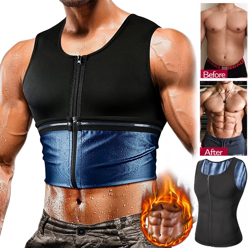 Men Slimming Sweat Body Shaper Vest Zipper Neoprene Fat burning Sauna Suit Tank Tops Workout Compression Shapewear Waist Trainer