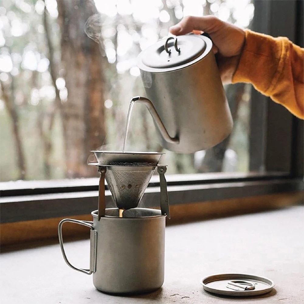 950ml Outdoor Portable Titanium Coffee Pot Tea Pot Food Grade Water Kettle Swan Neck with Long Spout Coffeepot Teapot Camping