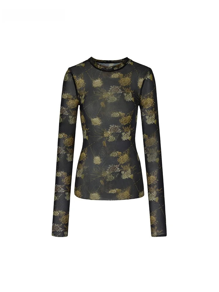 

LEDIM WANG Bla Me Женская футболка с вырезами и принтом, облегающая, из полиэстера, с длинными рукавами, сексуальный топ с цветочным узором