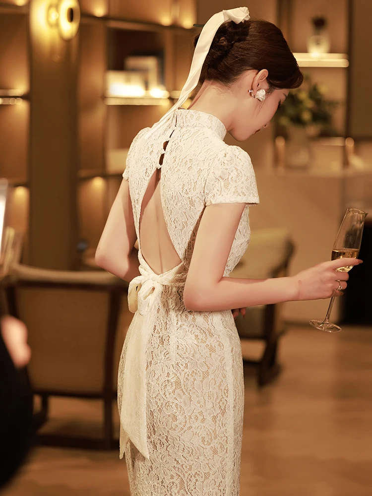 

Ele Young Sle Wedding Dr Return Home Ceremony Dr ort Sve Low Slit Polyester Fiber Retro Design