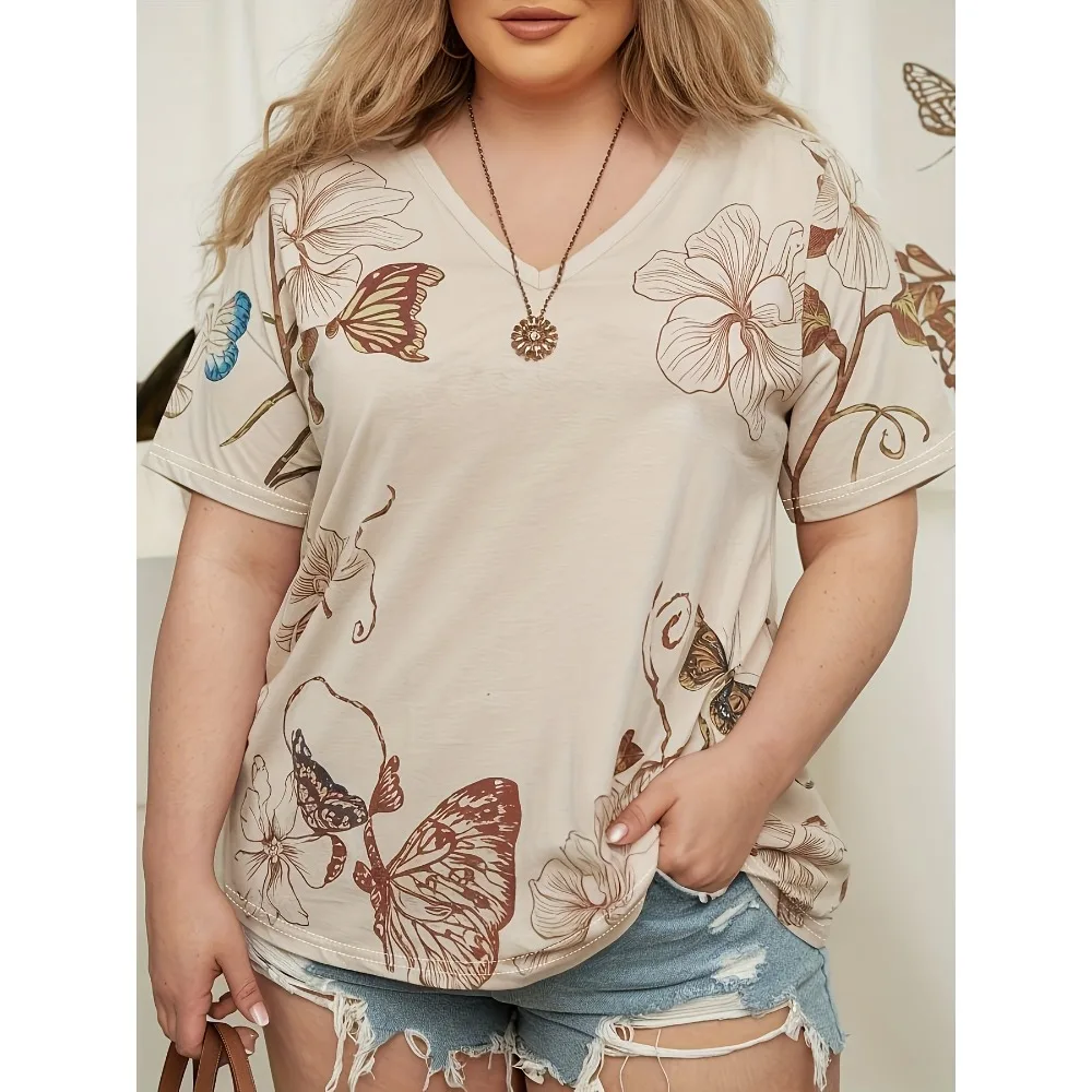 

Plus Size 1XL-5XL New Summer Women's Plus Size Trendy Niche Fashion Floral Print V-Neck Casual T-Shirt