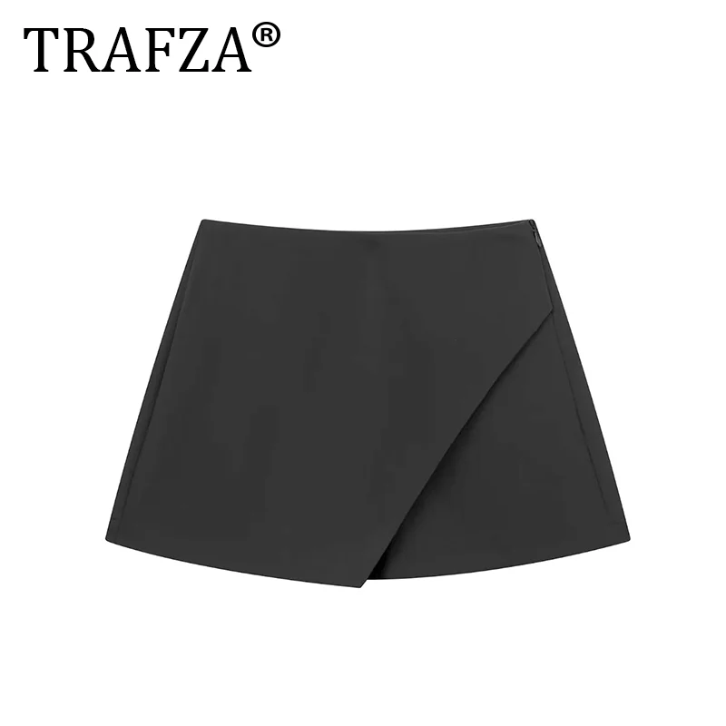 TRAFZA-Mini Calções de Saia Preta Feminina, Saia Assimétrica, Cintura Alta, Verão, Casual, Bermudas