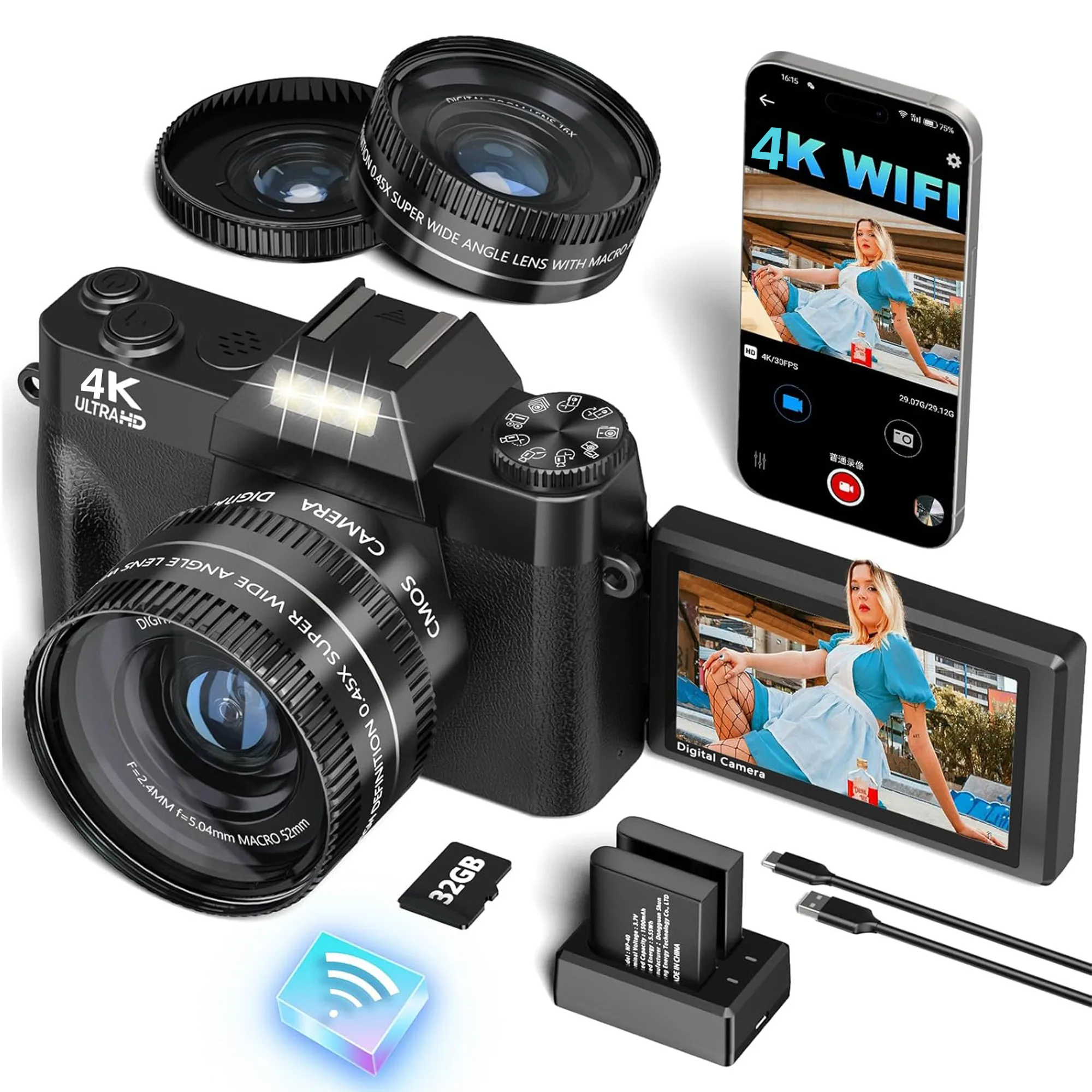 

4K Digital Photography Camera Video Autofocus Anti-Shake 64MP Vintage Vlog Recorder YouTube 180° Flip Screen WiFi Web Cam Camera