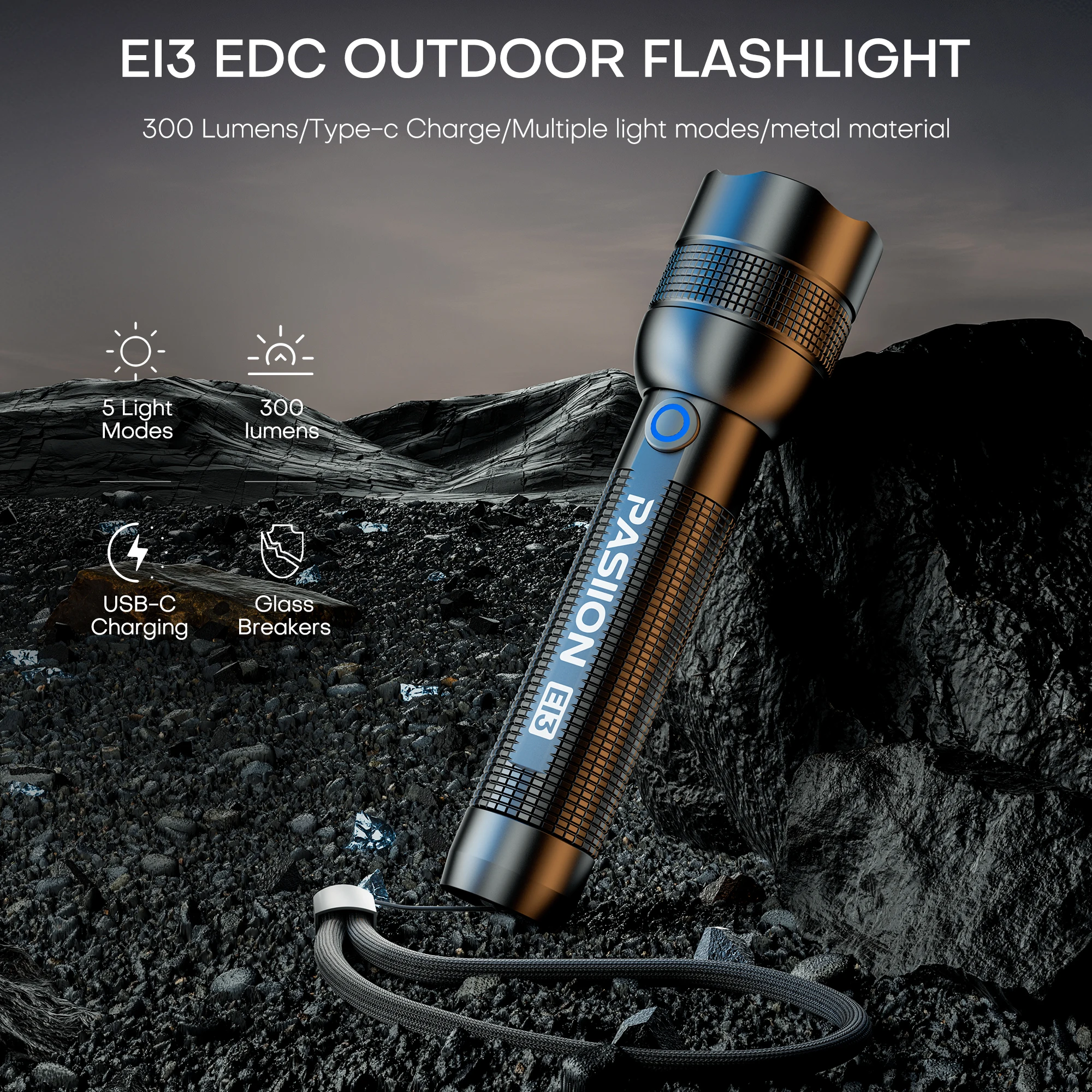 EDC Optical Zoom Flashlight Portable Flashlight With 4 Lighting Modes USB C Rechargeable For Self Defense Camping
