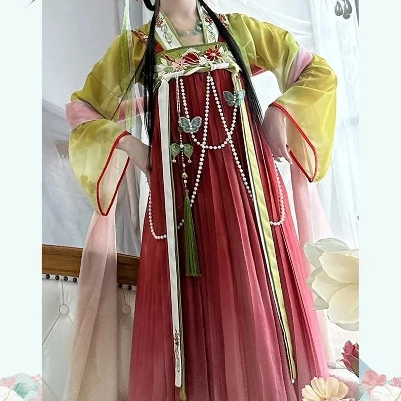 

Women's Hanfu Fairy Dress Traditional Chinese Costume Vintage Summer Folk Dance Outfit with Thin Embroidery Princess Style