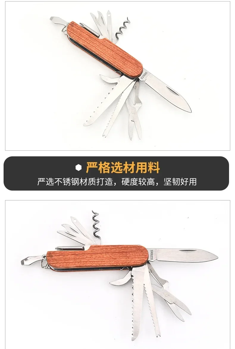 Neues 11-in-1-Multitool mit Holzgriff, tragbares, faltbares Militär-Messer, EDC-Überlebenswerkzeug, Camping- und Notfallwerkzeug – Detail 8