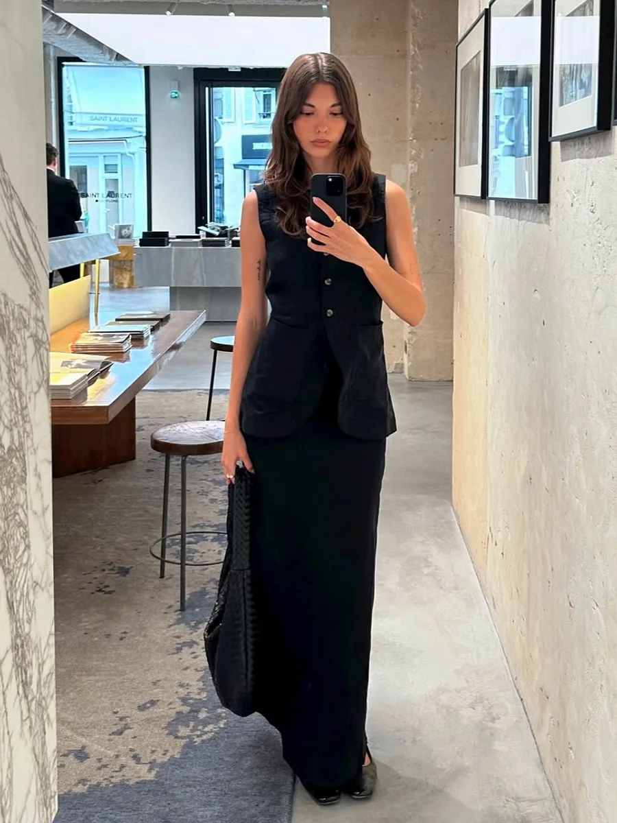 

Solid Elegant Long Skirt Set Women Square Collar Single Breasted Pocket Cinched Waistcoat Summer Simple Casual Chic 2 Piece Sets