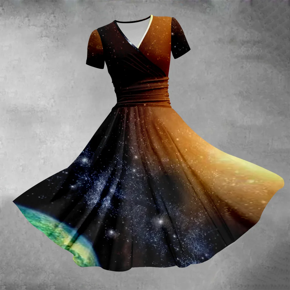 Fashion Maxi Dress Galaxy Print Party Dresses Woman Summer Evening Dress Elegant and Beautiful Dresses Trend Robe Girl Vestido