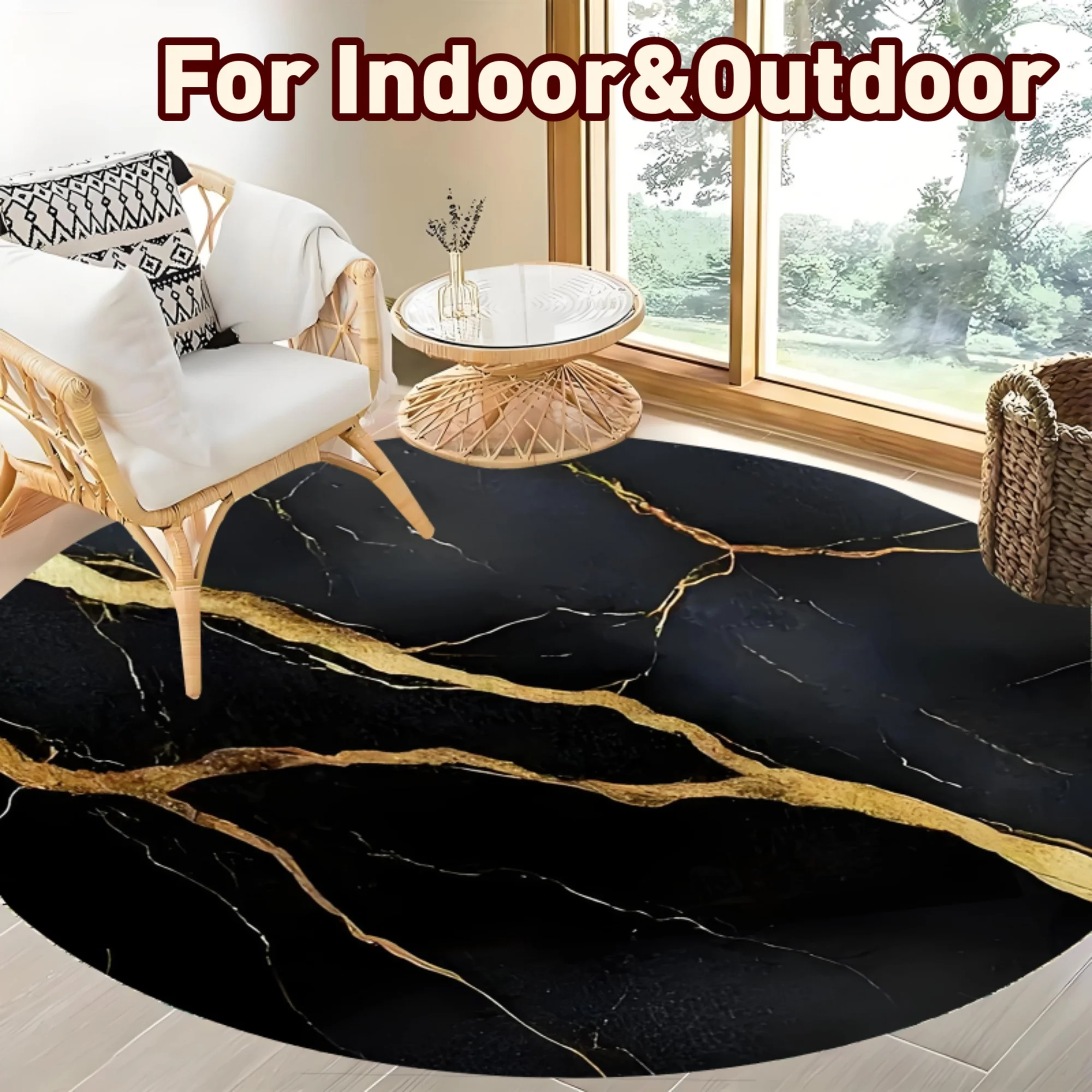 Luxury Round Black Marble Gold Vein Polyester Rug Mat for Living Room Bathroom Outdoor Indoor Home Decor Accent Carpet
