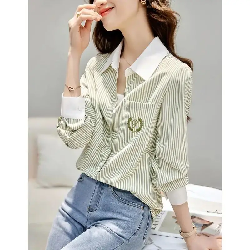 

Spring Autumn Women's 2024 Splicing Polo Collar Button Pocket Stripe Fashion Loose Minimalist Casual Long Sleeve Blouses Shirts