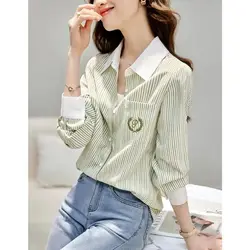 Spring Autumn Women's 2024 Splicing Polo Collar Button Pocket Stripe Fashion Loose Minimalist Casual Long Sleeve Blouses Shirts