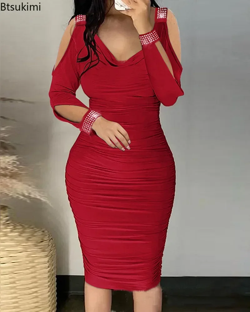 2024Women's Sexy Elegant Off Shoulder Party Tight Dress Red Color V-Neck Hollow Out Diamond Long Sleeve Stacked Slim Dress Women