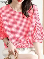 ZANZEA Summer O Neck Half Sleeve Casual Shirt Women Fashion Plaid Checked Blouse Female Tunic Tops Elegant OL Work Blusas Femme