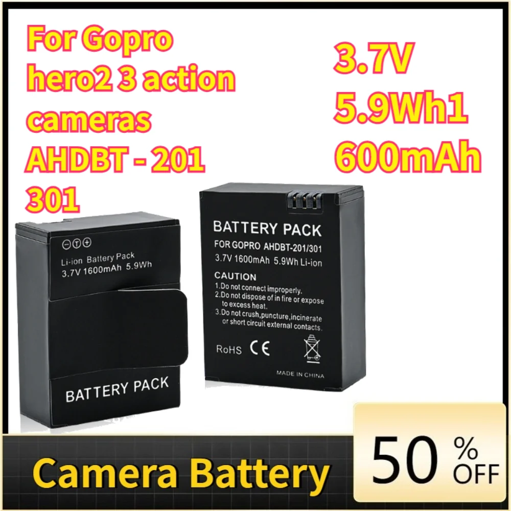 

3.7V 1600mAh 5.9Wh For GoPro Hero2 3 Action Cameras AHDBT-201 301 Batteries Hero3 and Hero 3rd Generation Batteries