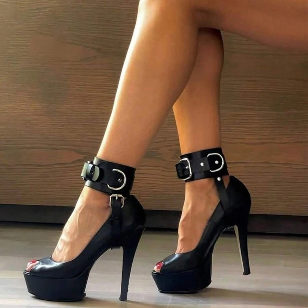 Women Black Ankle Safety Belt PU Leather Adjustable Gothic Ankle Strap Y2K Punk Style Fashionable Ankle Accessory
