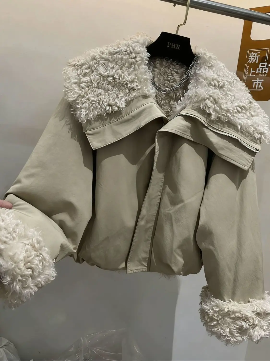 

Новая утепленная зимняя куртка с большим отложным воротником из овечьей шерсти, короткая парка для женщин, бежевая
