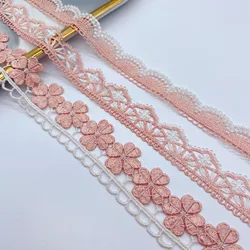 Tela de encaje blanco y rosa bordada, costura artesanal, Lolita, cadena de clavícula, joyería, ropa de boda, 3 yardas