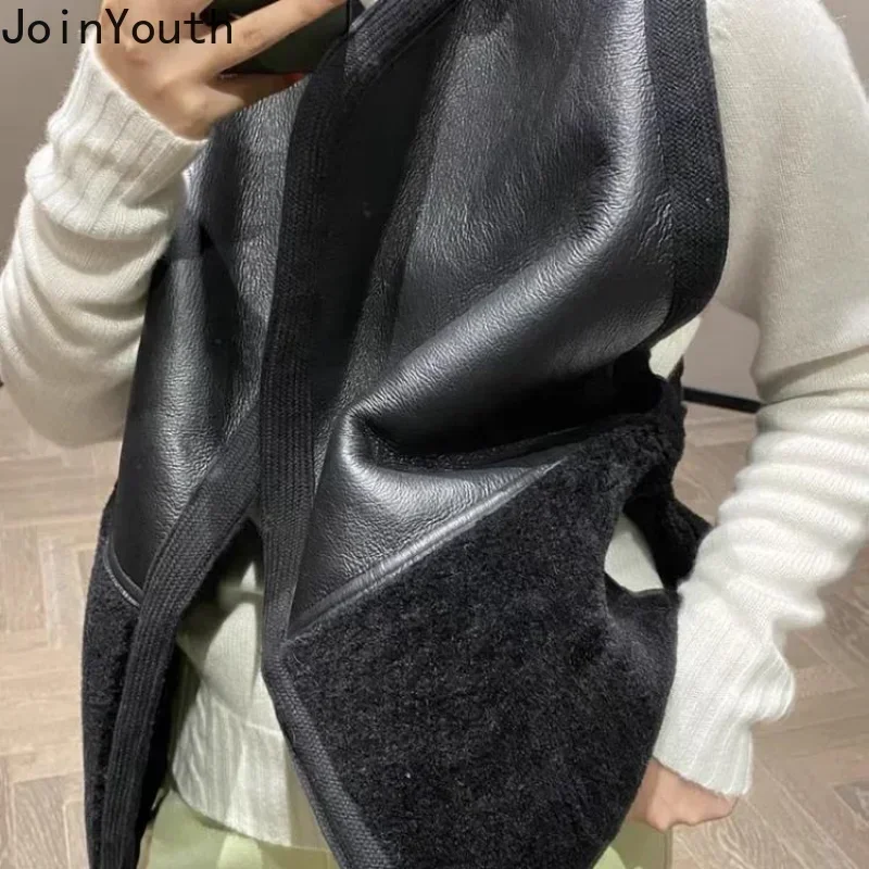 2023 Ropa Mujer Thicked Vest for Women Patchwork PU Black Tanks Jackets Fashion Casual Waistcoat Korean Tops Y2k Clothes 27L170