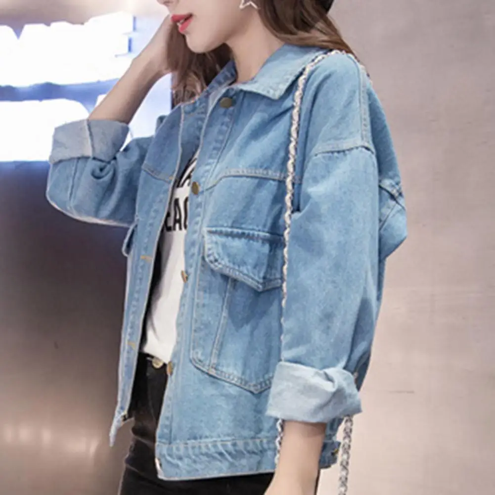 

Spring Denim Coat Stylish Winter Women's Denim Coat with Turn-down Collar Chest Pockets Casual Streetwear Jacket for Cold