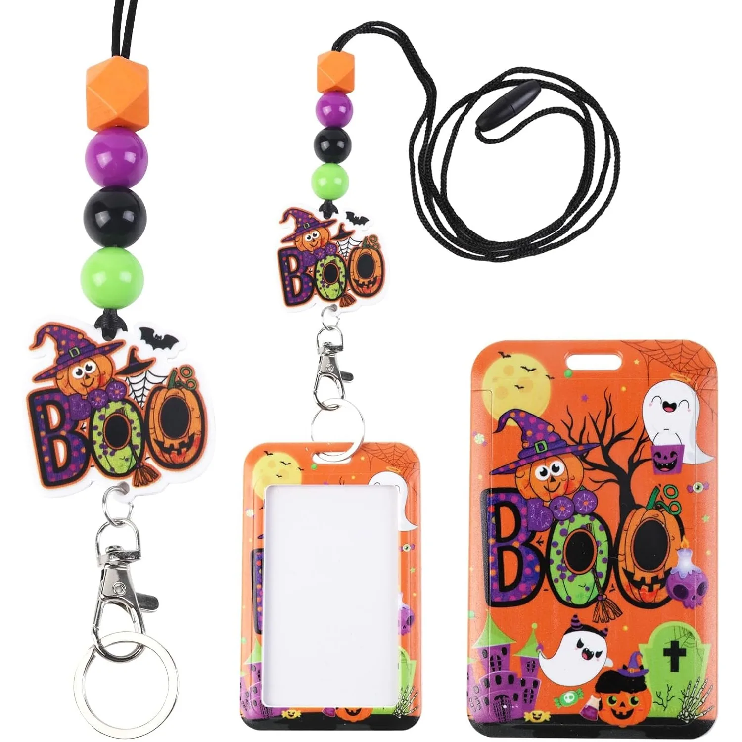 Funmemoir Lanyards for Id Badges Orange, Halloween Theme Name Badges Holder with Keychain Beaded for Teacher Nurse Office Gifts