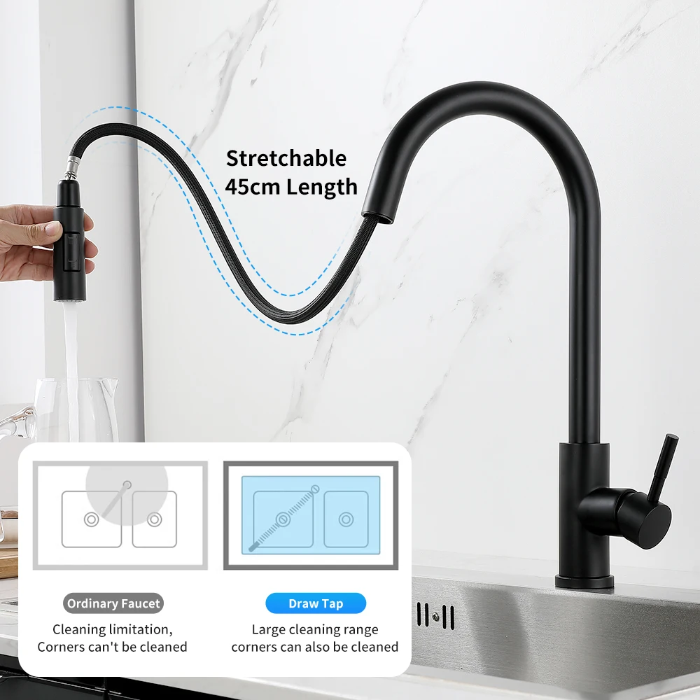 Smart Touch Kitchen Faucet Black Pull Out Sensor Faucets Black/Nickel 360 Rotation Crane 2 Outlet Water Mixer Taps