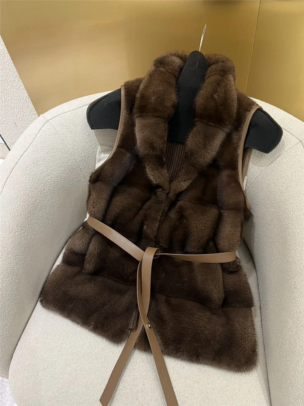 Imported Whole Mink Vest Knitted Cashmere Patchwork Mink Fur Coat Belted Waist Sleeveless Cardigan Jacket