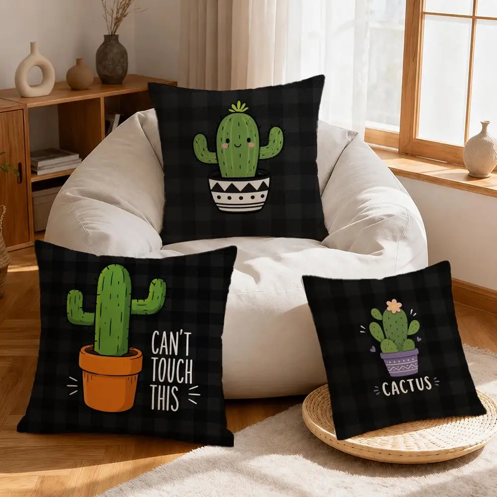 Art Cactus Cartoon Printed Cushion Cover Linen Anti-Mite Antibacterial Cushion Cover Invisible Zipper Sofa Decor