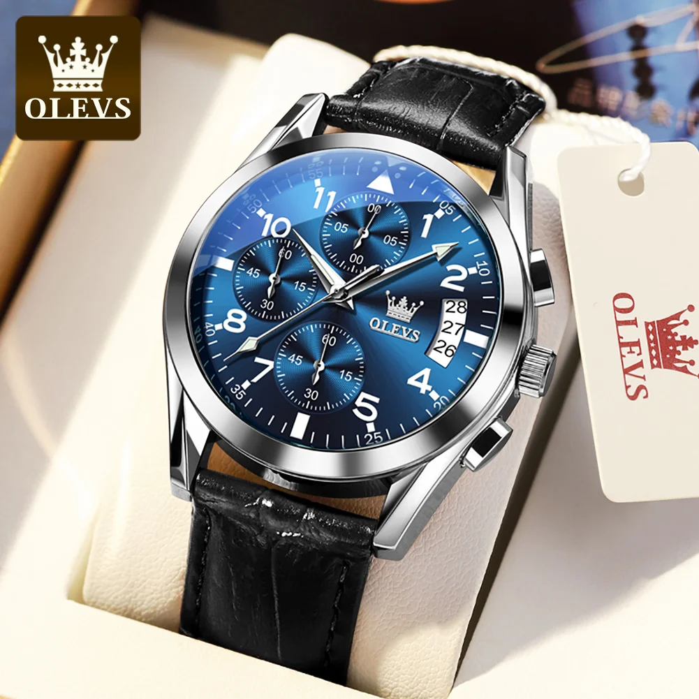 OLEVS Leather Strap Men\'s Watch Three Small Dials Multifunctional Date Waterproof Business Fashion Quartz Watch for Men Original