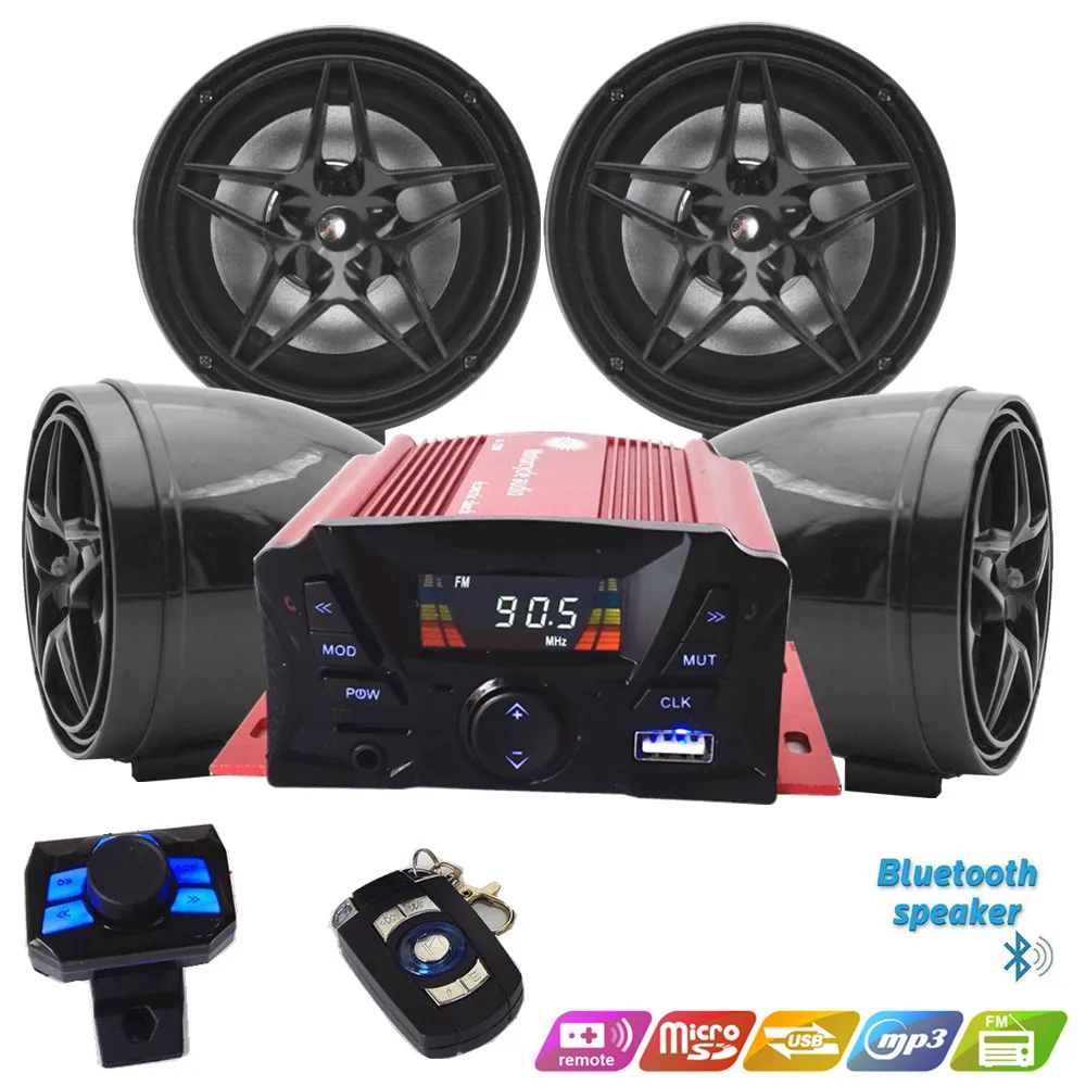 Motorcycle Weatherproof Bluetooth Speakers MP3 Music Player Sound Audio Stereo Amplifier System 12V UTV ATV Golf Cart