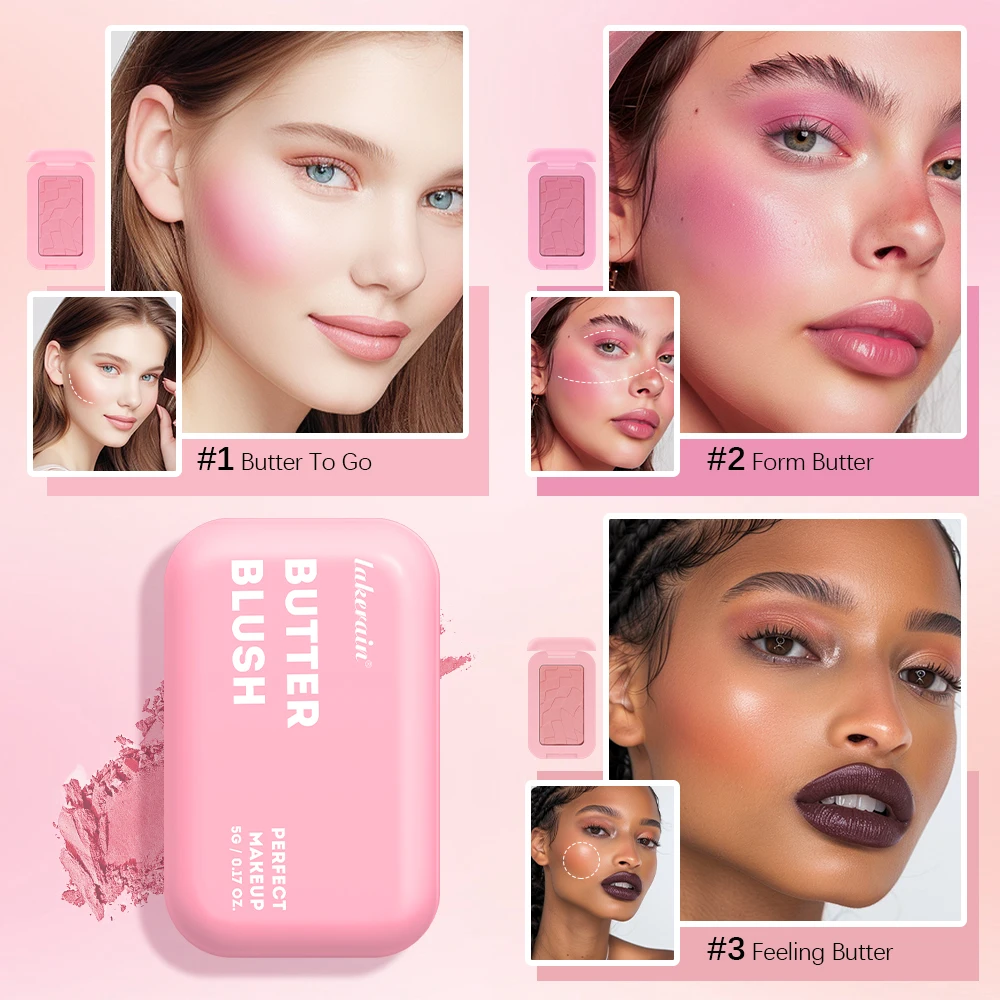 Colorete en polvo de maquillaje profesional, 12 horas, fórmula vegana, colorete de maquillaje en barra, paleta de cosméticos en polvo, crema rosa para cara