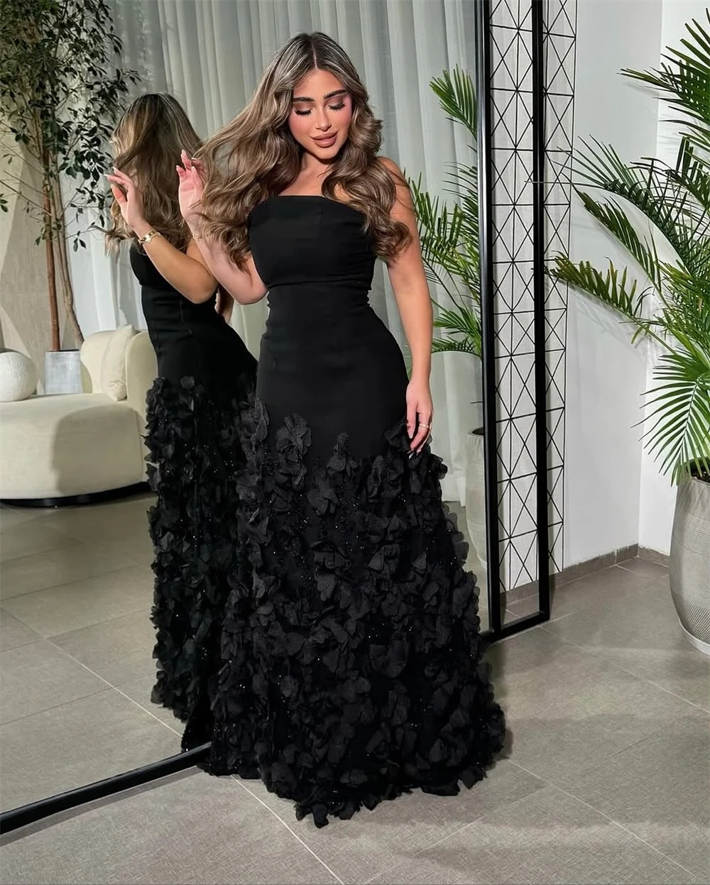 

Customized Elegant Black Jersey Evening Dress Formal Strapless Sleeveless Party Dress Sexy A-Line Appliques Homecoming Dresses
