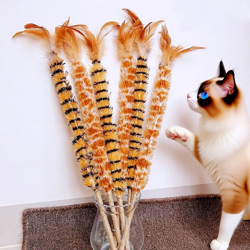 

Cat Toy Feather Cats Teaser Sticks Plush Wool Cat Toys Interactive Bite-resistant Rope Feather Cats Toys with Bell Pet Products