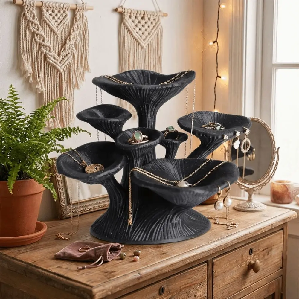 3D Printed Mushroom Jewelry Stand Black Glossy Multi-Layer Jewelry Storage Tower Storage Shelves Plastic Ring Display Stand