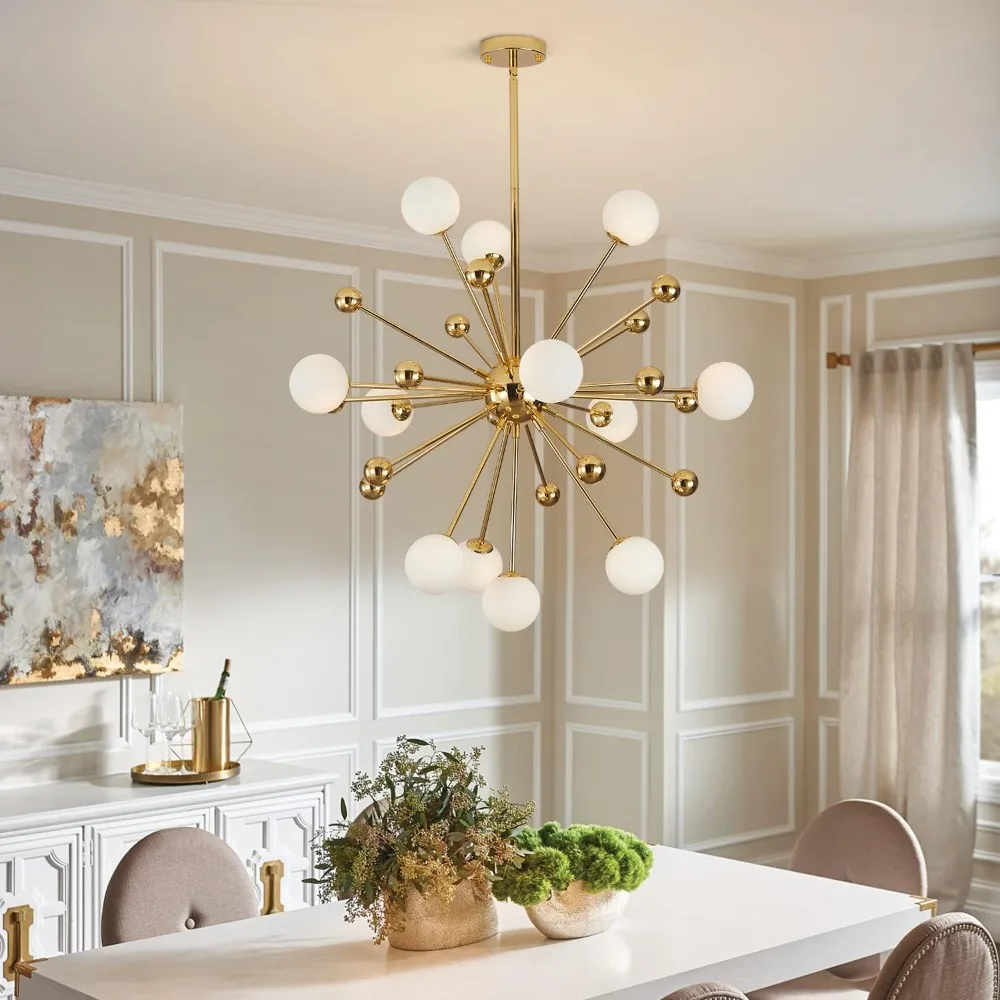 Lighting Modern Gold Chandelier 12-Light Milk Glass Globe Pendant Light Fixture Mid Century Starburst Chandelier Contemporary