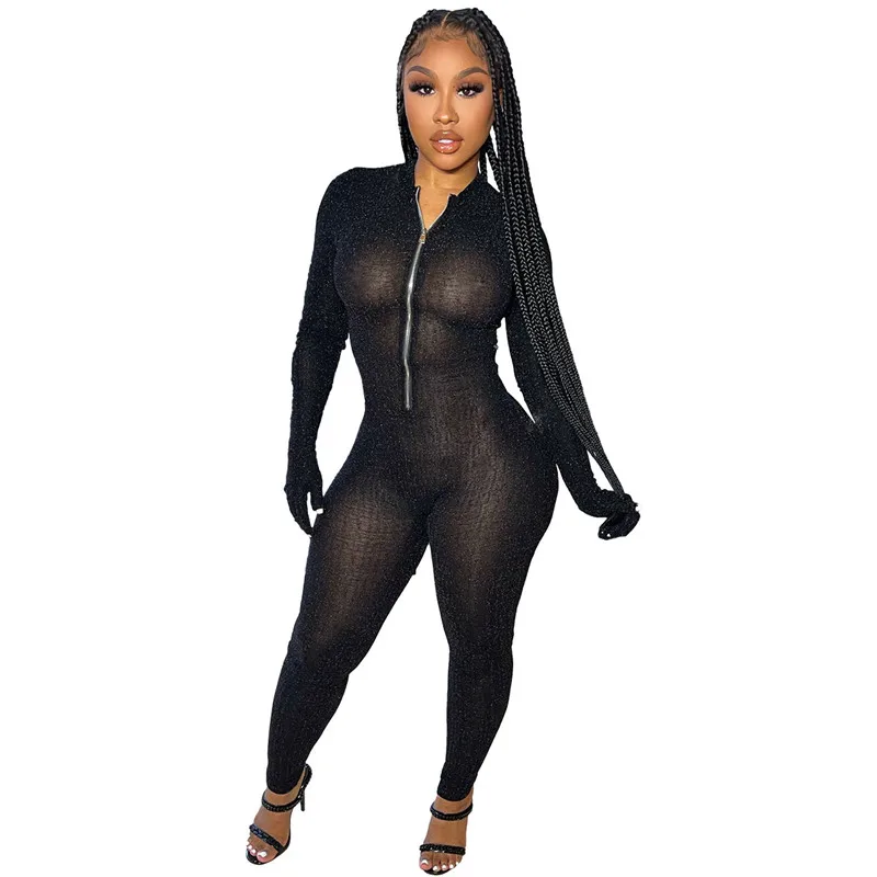 

New Fashion Long Sleeve Women Jumpsuits Sexy Bodycon Zippers Autumn Winter Rompers Black Nightclub Party Wear Ladies Overalls