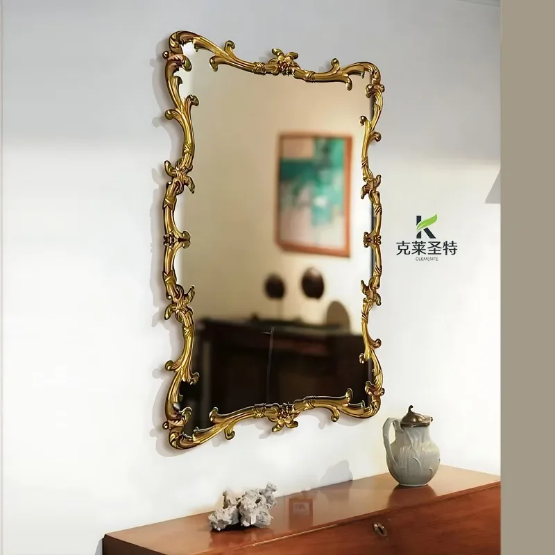 

French retro carved makeup mirror American smart, hanging European living room wall decorative mirror B03
