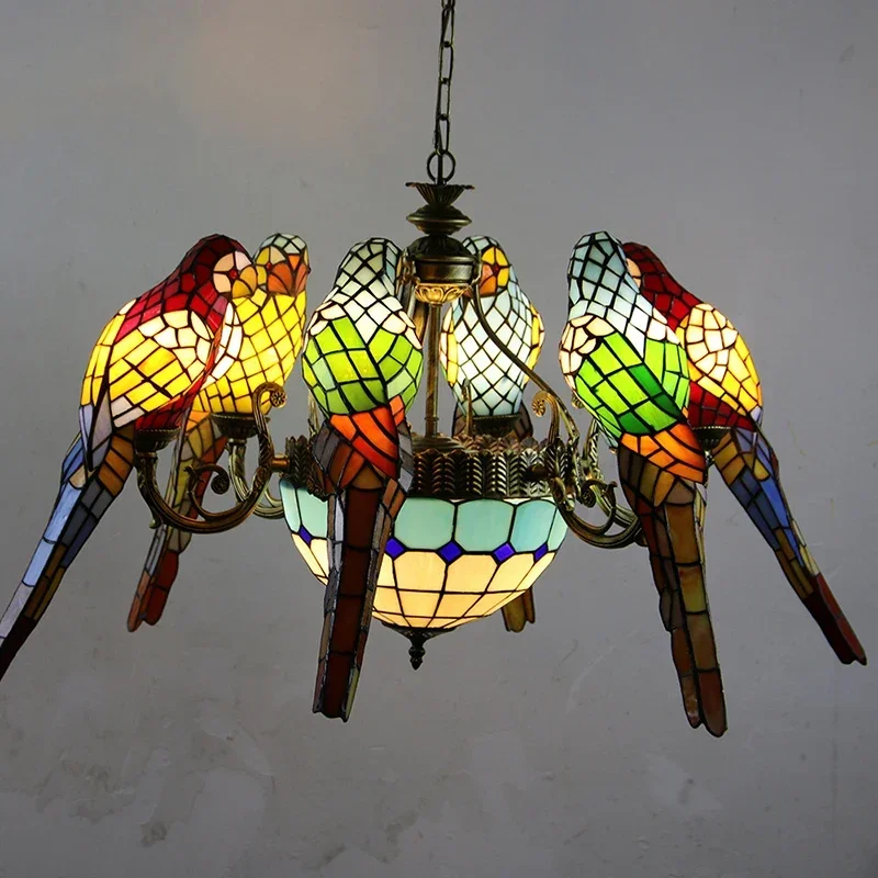 KARLOS Tiffany Parrot โคมระย้า LED Vintage Creative สีโคมไฟกระจกจี้ตกแต่งบ้านห้องนั่งเล่นห้องนอน