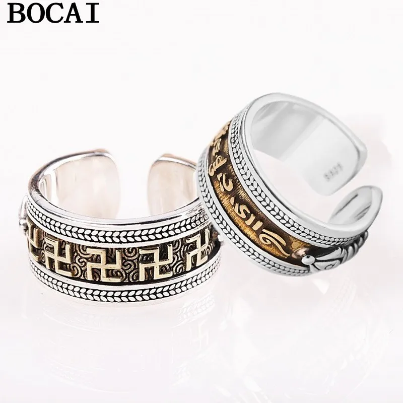 BOCAI NEW S925 Silver Retro Ethnic Style Six-Character Mantra Vajra Lucky Man Ring Trendy Birthday Gift