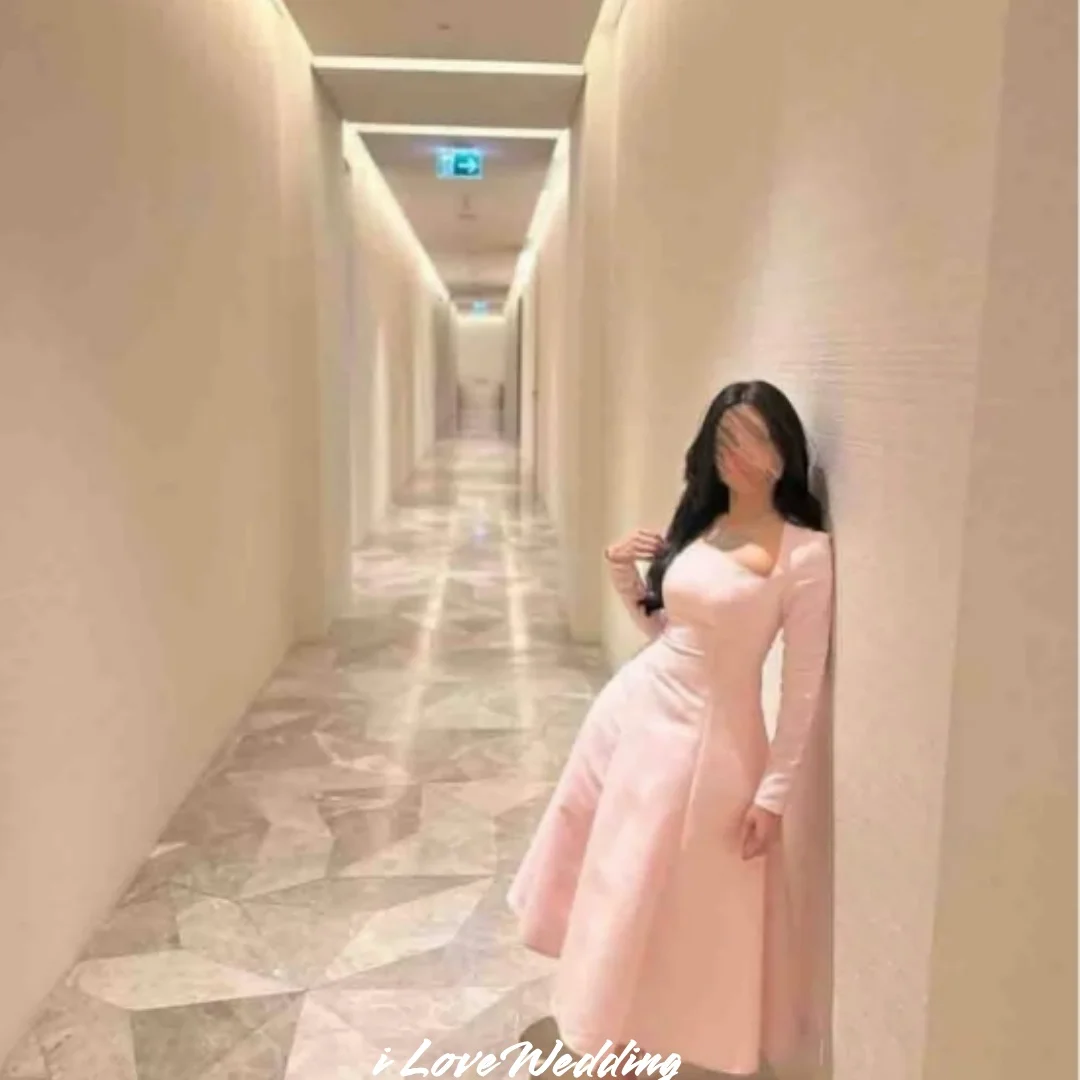 Pink Long Sleeve Cocktail Dresses 2025 Satin Square Collar A-Line Tea-Length Pleated Saudi Arabic Wedding Party Dress Customized