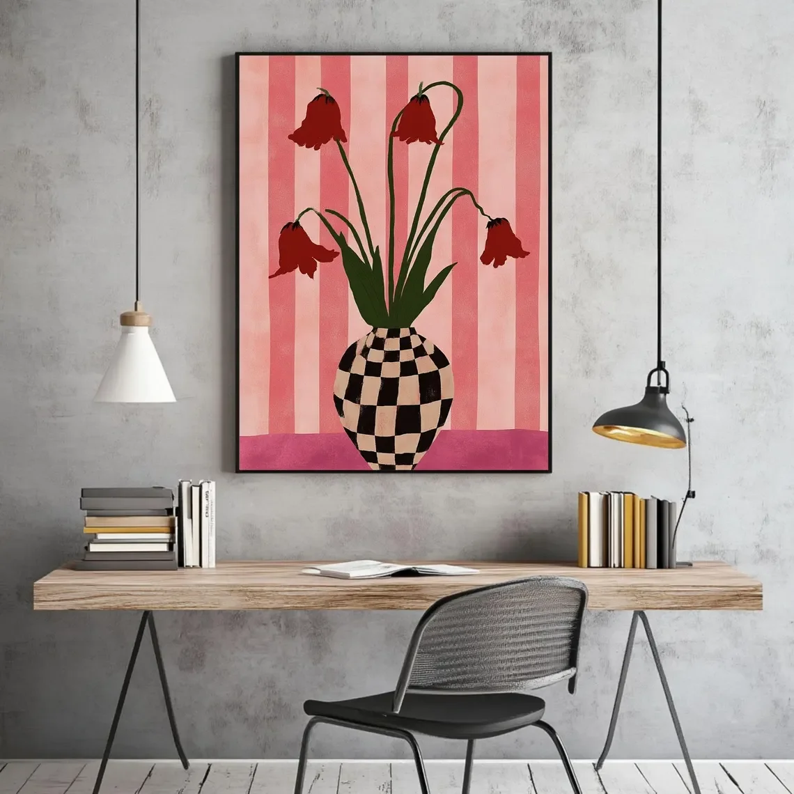 Tulips In A Checkered Vase Wall Art, Eclectic Decor In Berry Pink Tones Print, Contemporary Printable, DOWNLOADABLE ART, Floral