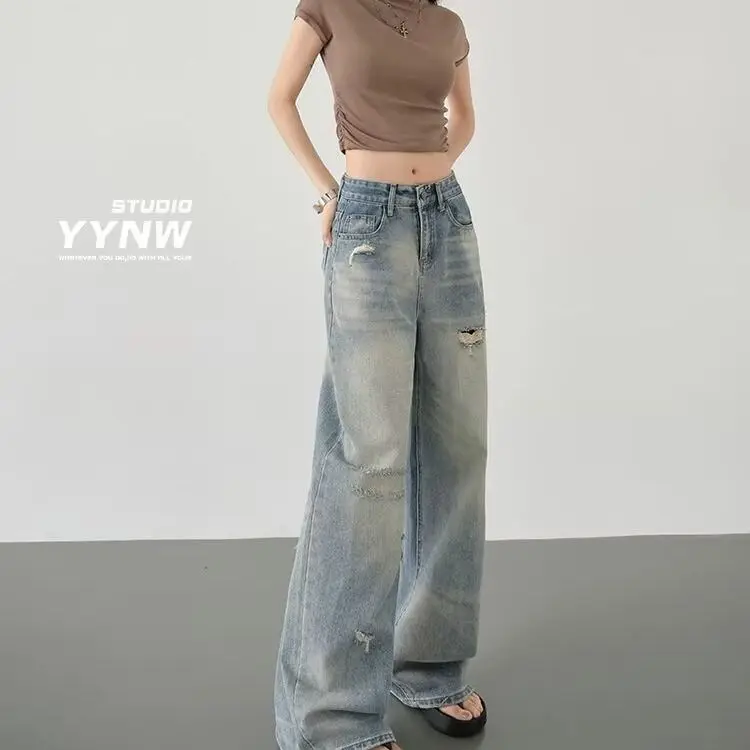 

Ретро синие рваные джинсы с высокой талией, свободные, прямые, в пол, женские, весна-осень, новые, модные джинсы