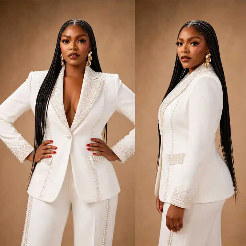 Gorgeous Women Suit Set Pearl Notched Lapel Blazer Straight Pants Formal Outfit For Wedding Guest Evening Banquet Customized