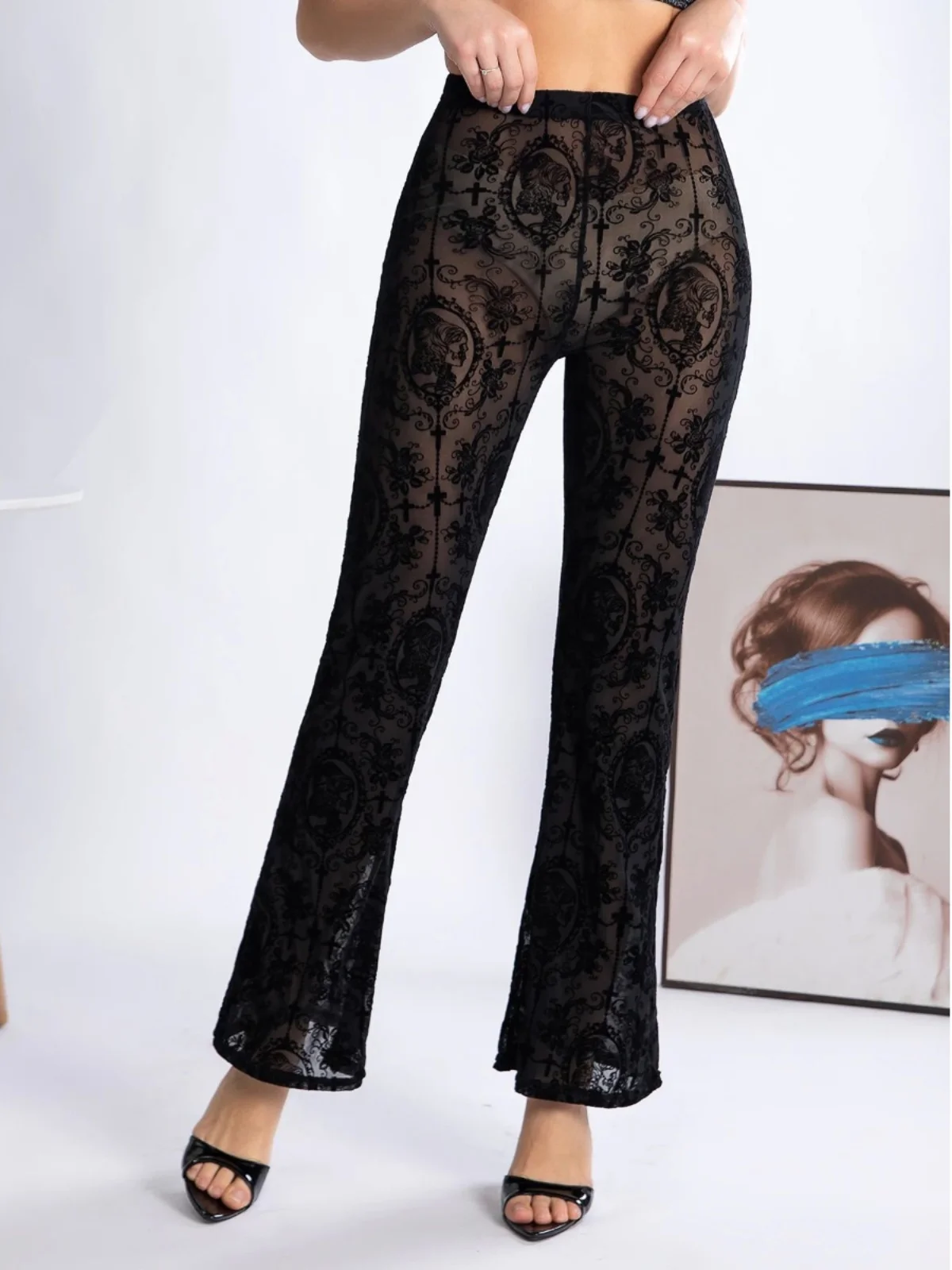 Bedruckte Spitzenhose für Damen mit hoher Taille, bequeme, lässige lange Hose, bezaubernde Polyesterfaser, große Größenoptionen verfügbar