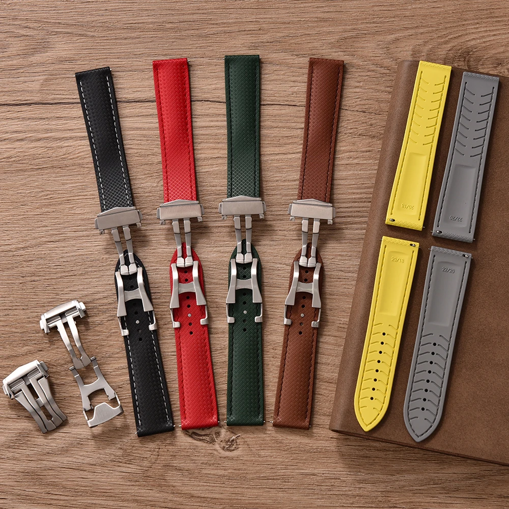 Top Tropical Pattern FKM Rubber Waterproof Watch Band Quick Release Deployment Buckle WristBands 20mm 22mm Universal Watch Strap