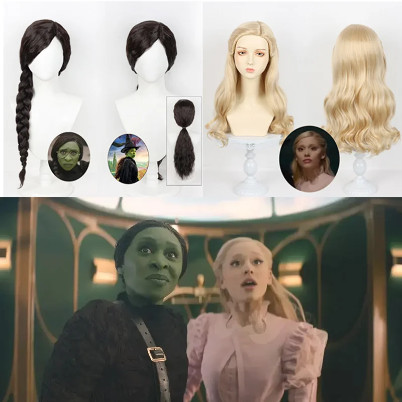 Movie Wicked Cosplay Elphaba 2 Styles Dark Brown Braids Long Hair Glinda Role Play Synthetic Wig Adult Women Halloween Party Set