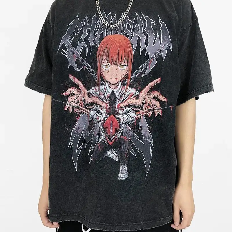 

Хлопковая аниме «Человек с бензопилой» Demon Hunter Machima с принтом в стиле ретро, японская футболка с короткими рукавами в старом темном ветре, мужская футболка