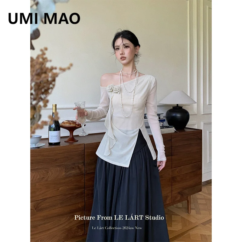 UMI MAO Autumn French Top One Word Collar Off Shoulder Flower Leaf Split Hemp Mesh T-shirt Long Sleeve Shirt Women