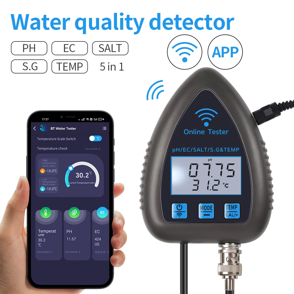 

Bluetooth 5 in 1 Water Quality Tester TDS EC SALT S.G.TEMP PH Meter Digital Water Detector for Aquariums Swimming Pool EU Plug